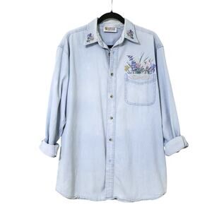 Vintage Christine Alexander Rhinestone Flower Oversized Denim Button Up Shirt M